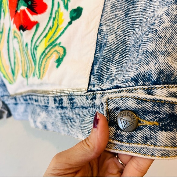 Vintage Guess Acid Washed Denim Jacket Upcycled Custom Embroidered Beaded Unique - Picture 6 of 12